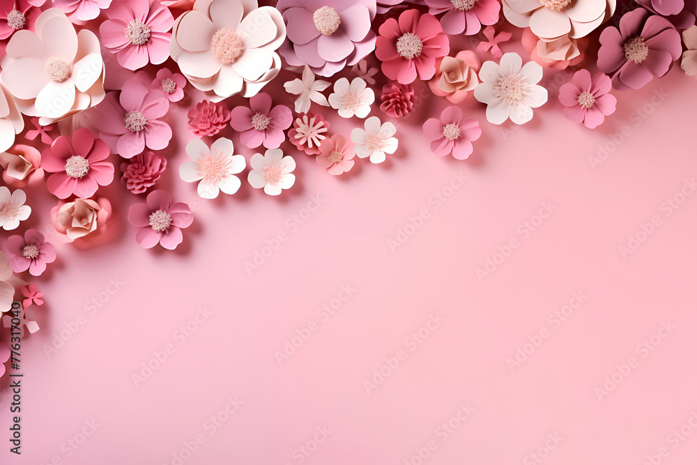 Paper flowers on pink background. Flat lay. top view. copy space
