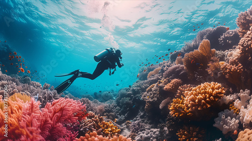 Selective focus of underwater photography, divers exploring colorful coral reefs and marine life. © S photographer