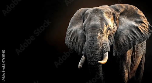Portrait of an elephant in a photo studio on a black background, bright studio lighting, photorealism