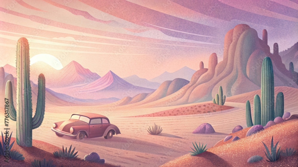 A pastelhued desert landscape dotted with towering cacti and a vintage car parked in the distance.