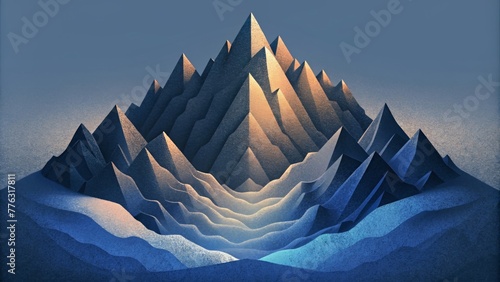 Deconstructed mountainscape made of carefullyfolded peaks and valleys highlighted by a dramatic shadowy contrast.