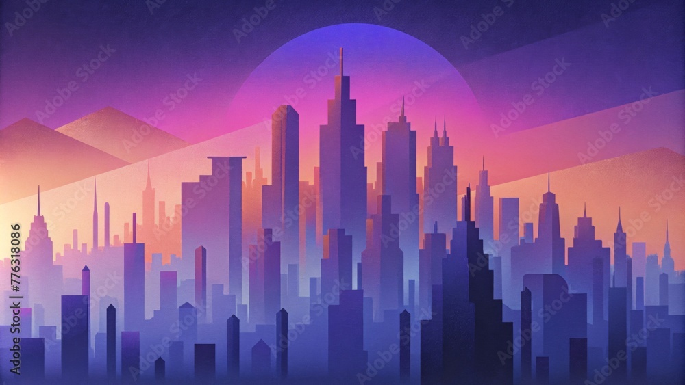 A fragmented abstract skyline casting long shadows against a striking ombre sunset in shades of purple and blue.