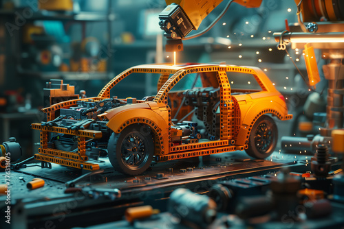 Selective focus of 3D rendering of a robot arm welding a car frame in a car assembly plant. © S photographer