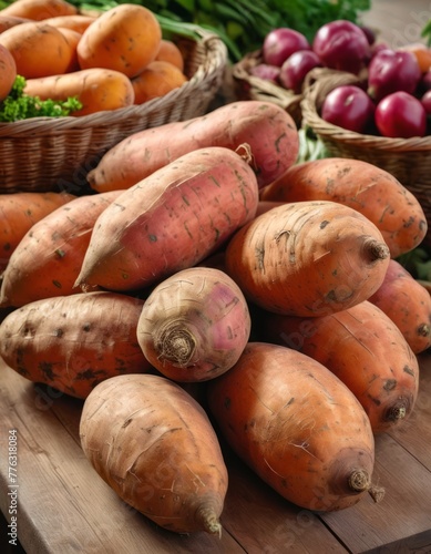 Fresh organic sweet potatoes on the market counter. Eco-friendly lifestyle and shopping. The concept of agricultural, healthy and natural food for banners, flyers, posters.