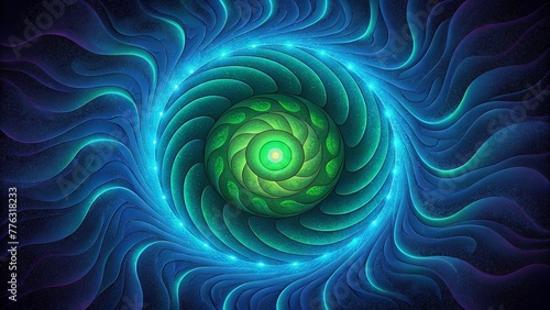Swirling tendrils of neon green and electric blue merging into a hypnotic psychedelic portal.
