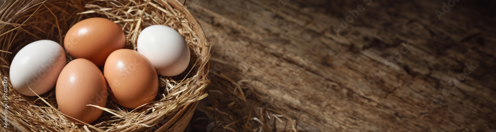 Fresh chicken eggs in the nest on a rustic background. Natural organic eggs from the chicken farm. Healthy food concept for banner with copy space. Fresh chicken eggs in the nest on a rustic background. Natural organic eggs from the chicken farm. Healthy food concept for banner with copy space.