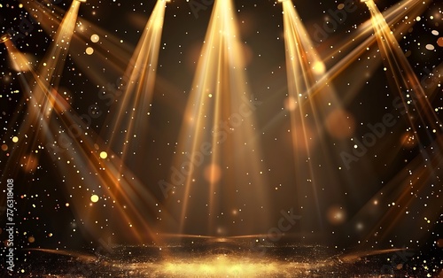 Abstract golden background with spotlight and bokeh lights, stage or studio backdrop vector illustration