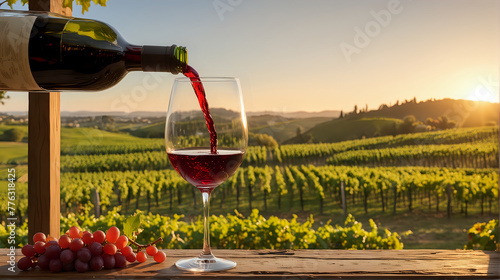 Red wine is being poured into a glass on a wooden table with a cluster of grapes, overlooking a lush vineyard bathed in the warm light of a setting sun