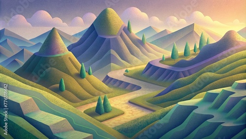 A geometric landscape of isometric hills and valleys each one delicately p to give the illusion of depth.