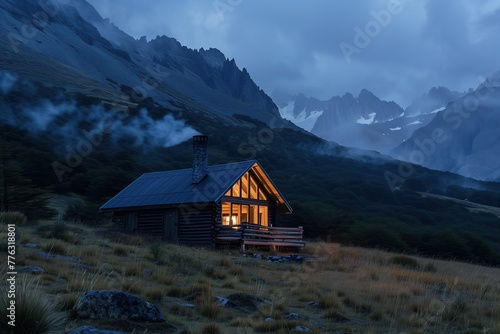 cozy cabin in the mountains at night, lit up by warm light from inside, surrounded by nature and grassy hills with mist on them