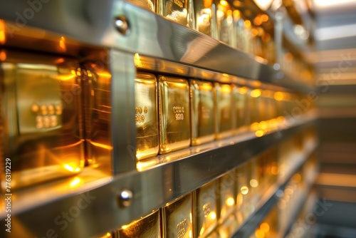 Rows of gold bars neatly arranged in the bank vault. Atmosphere of wealth and security.