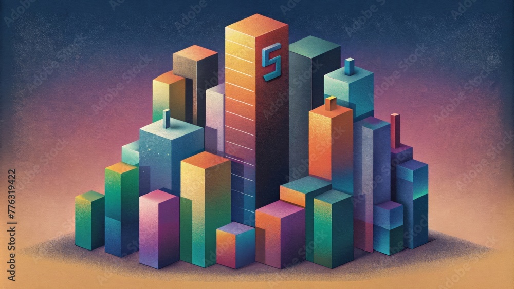 A composition of abstracted highrise buildings constructed from colorful rectangles and squares in a pixelated style.