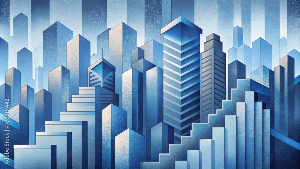 A vertical composition of urban elements with zigzagging lines and distorted shapes in shades of blue and white. A vertical composition of urban elements with zigzagging lines and distorted shapes in shades of blue and white.