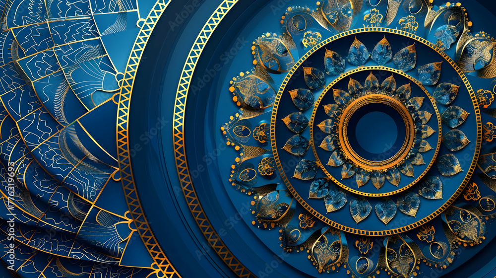 banner for an esoteric store, on a dark blue background, a gold-blue mandala 