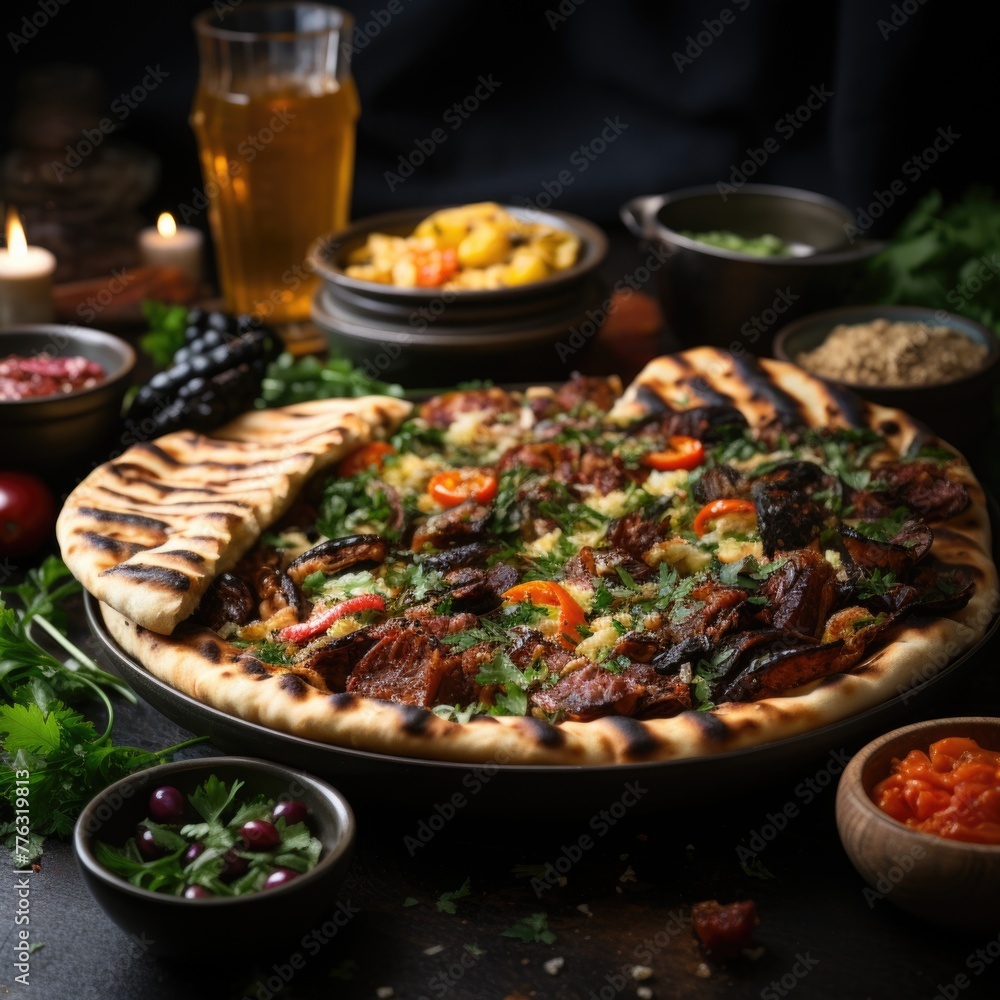 Traditional Turkish cuisine. Pizza hummus, kebab, bulgar. Many dishes on the table. Generative AI