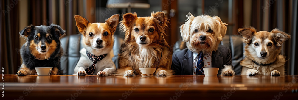 A group of dogs in business clothes are meeting in the office.