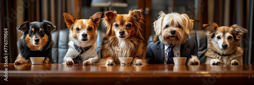 A group of dogs in business clothes are meeting in the office.