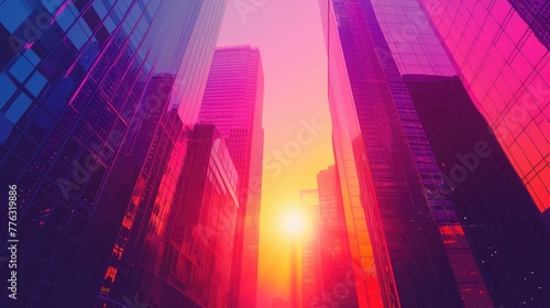 Abstract urban sunset with skyscrapers. AI generative.