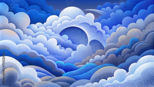 A fluid blend of blues grays and whites creating an intricate dance of abstract cloud formations.
