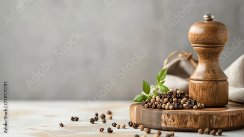 Wooden pepper mill and scattered peppercorns on a wooden chopping board with light textured background. photo