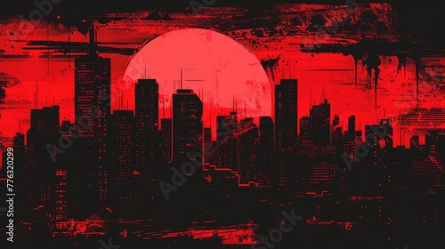 Sunset in a sinful city. Red and black illustration. AI generative.