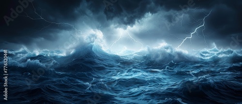 Nature background with lightnings in the dark sky and stormy sea