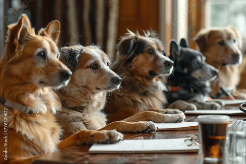 A group of dogs in business clothes are meeting in the office.