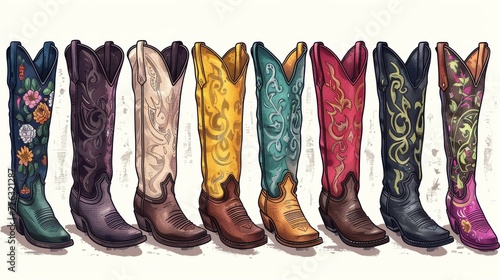 An assortment of cowboy boots is elegantly arranged in a minimalist style, depicted through bold black and white lines with minimalist details. The charming illustration showcases the variety of boots
