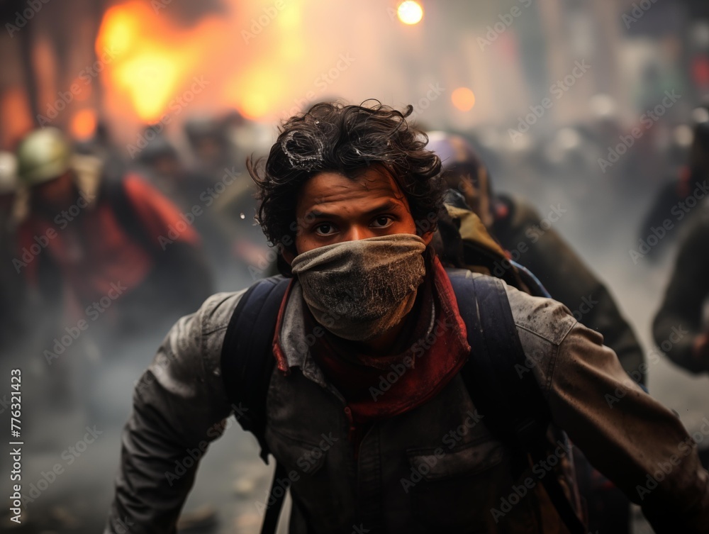A Brave Protester Faces Flames During a Demonstration in the City A Brave Protester Faces Flames During a Demonstration in the City