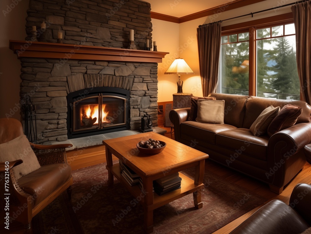A Cozy Evening by the Fireplace in a Mountain Home A Cozy Evening by the Fireplace in a Mountain Home