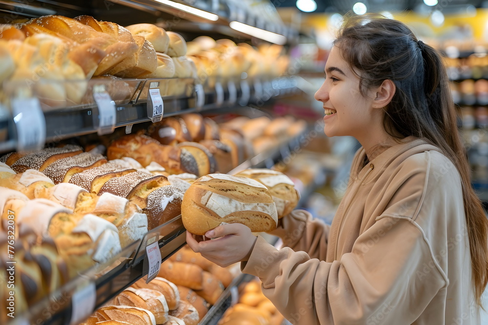 A woman standing in a grocery store at the bread isle holding freshly baked bread