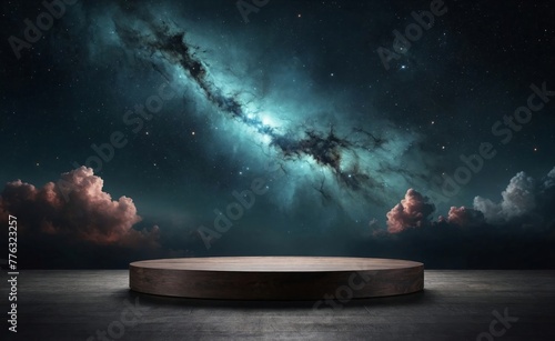 Realistic empty podium pedestal for product display with blue night space cosmos nebula and shining star magic galaxy scene. and neon lights. Template or cosmetic presentation © Sanita