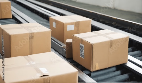 Cardboard boxes on conveyor belt in warehouse. Automatic production line © anetlanda