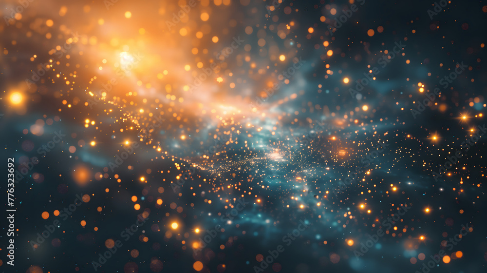 A Abstract  background of glowing particles in space, orange and blue colors, bokeh effect, cosmic dust , sci-fi concept art in the style of celestial theme