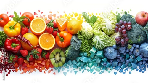 A pile of fruits and vegetables depicted in a 3/4 view, rendered in a faceted geometric polygonal abstract style with bold colors. The image has no background, set against a white backdrop.