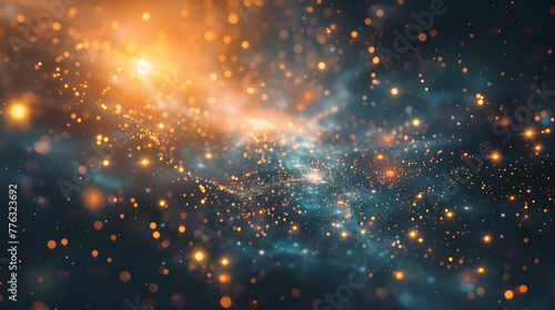 A Abstract background of glowing particles in space, orange and blue colors, bokeh effect, cosmic dust , sci-fi concept art in the style of celestial theme