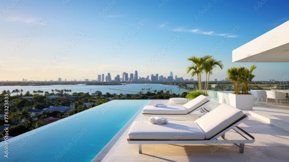 Fototapeta premium Modern villa with a private rooftop infinity pool overlooking the Miami skyline in Florida
