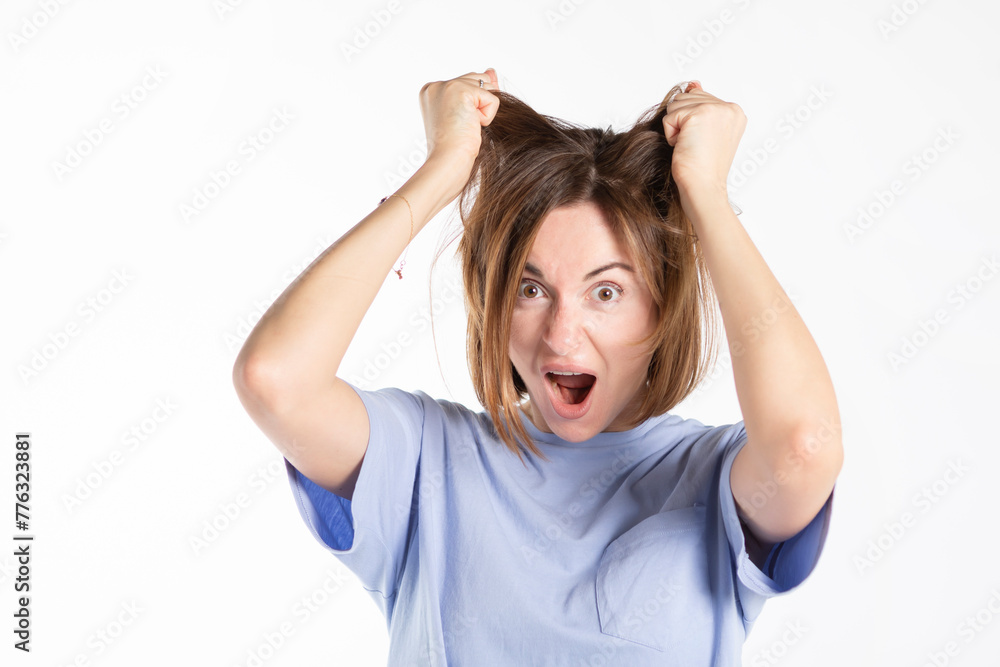 Upset and depressed young woman feeling bad isolated on white background Upset and depressed young woman feeling bad isolated on white background