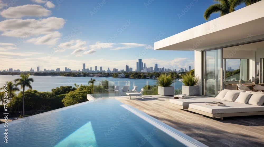 Fototapeta premium Modern villa with a private rooftop infinity pool overlooking the Miami skyline in Florida