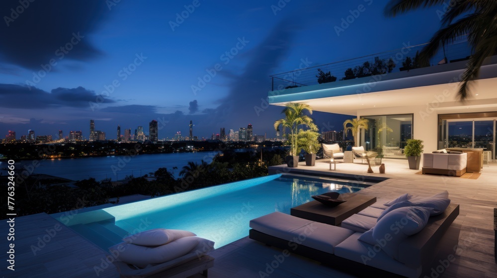 Fototapeta premium Modern villa with a private rooftop infinity pool overlooking the Miami skyline in Florida