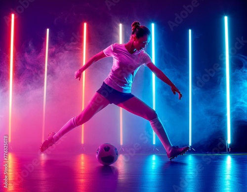 Energetic Female Soccer Player Trains with Football under Vibrant Neon Lights  © Faiza