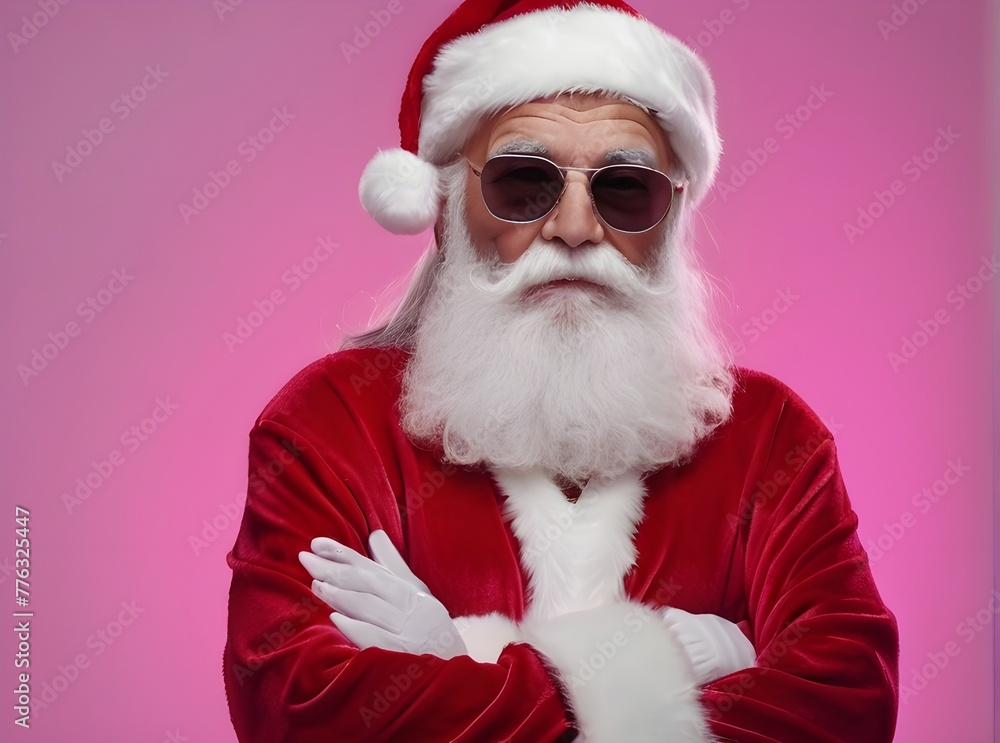 Naklejka premium Portrait of a modern elderly Santa Claus with sunglasses and piercing. Pink background. Generative AI