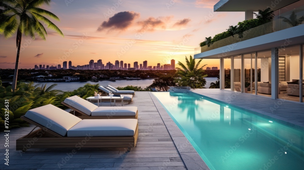 Fototapeta premium Modern villa with a private rooftop infinity pool overlooking the Miami skyline in Florida