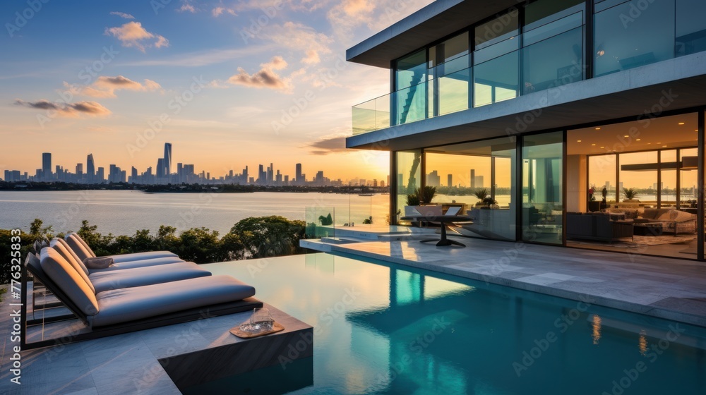 Obraz premium Modern villa with a private rooftop infinity pool overlooking the Miami skyline in Florida