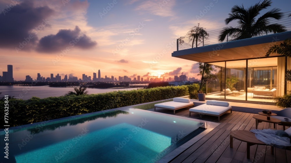 Fototapeta premium Modern villa with a private rooftop infinity pool overlooking the Miami skyline in Florida