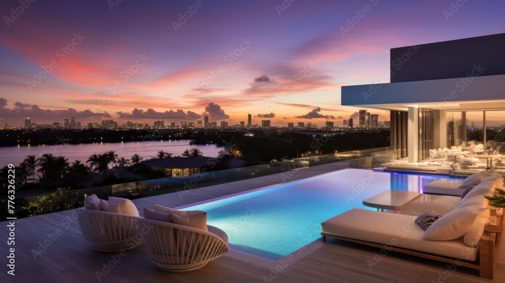 Fototapeta premium Modern villa with a private rooftop infinity pool overlooking the Miami skyline in Florida