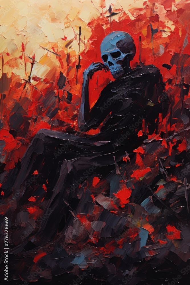 Obraz premium Abstract skeleton In style of oil painting. Metaphorical associative card on theme of death, mortality, darkness. Psychological abstract picture. Postcard, wall decoration, book illustration. Art