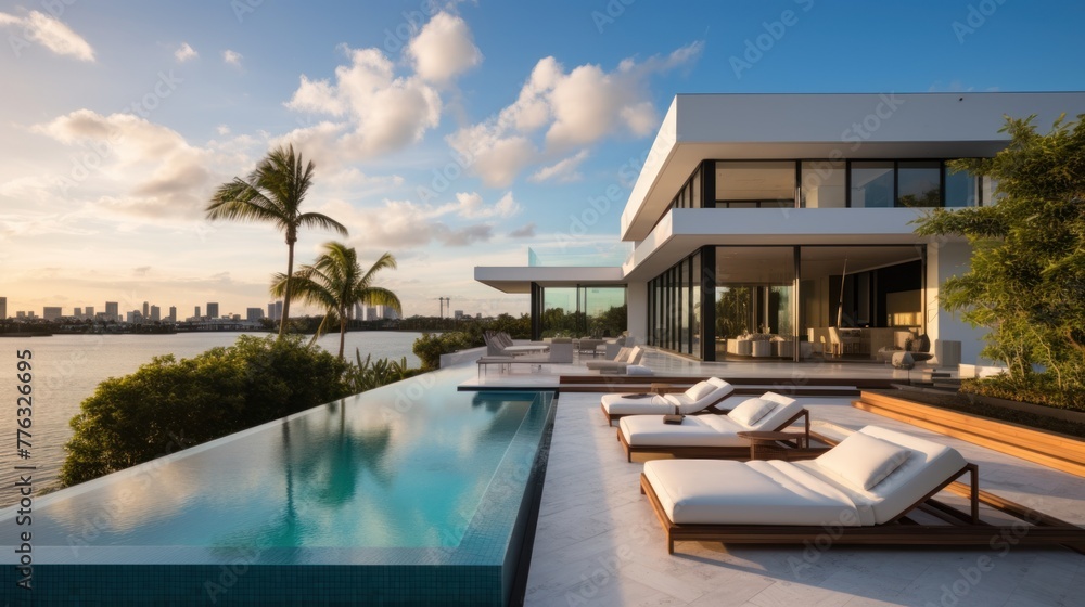 Fototapeta premium Modern villa with a private rooftop infinity pool overlooking the Miami skyline in Florida