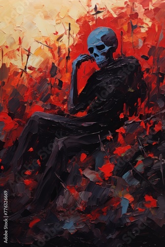 Abstract skeleton In style of oil painting. Metaphorical associative card on theme of death, mortality, darkness. Psychological abstract picture. Postcard, wall decoration, book illustration. Art