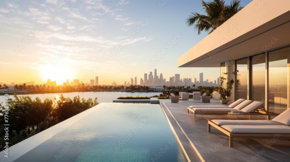 Fototapeta premium Modern villa with a private rooftop infinity pool overlooking the Miami skyline in Florida